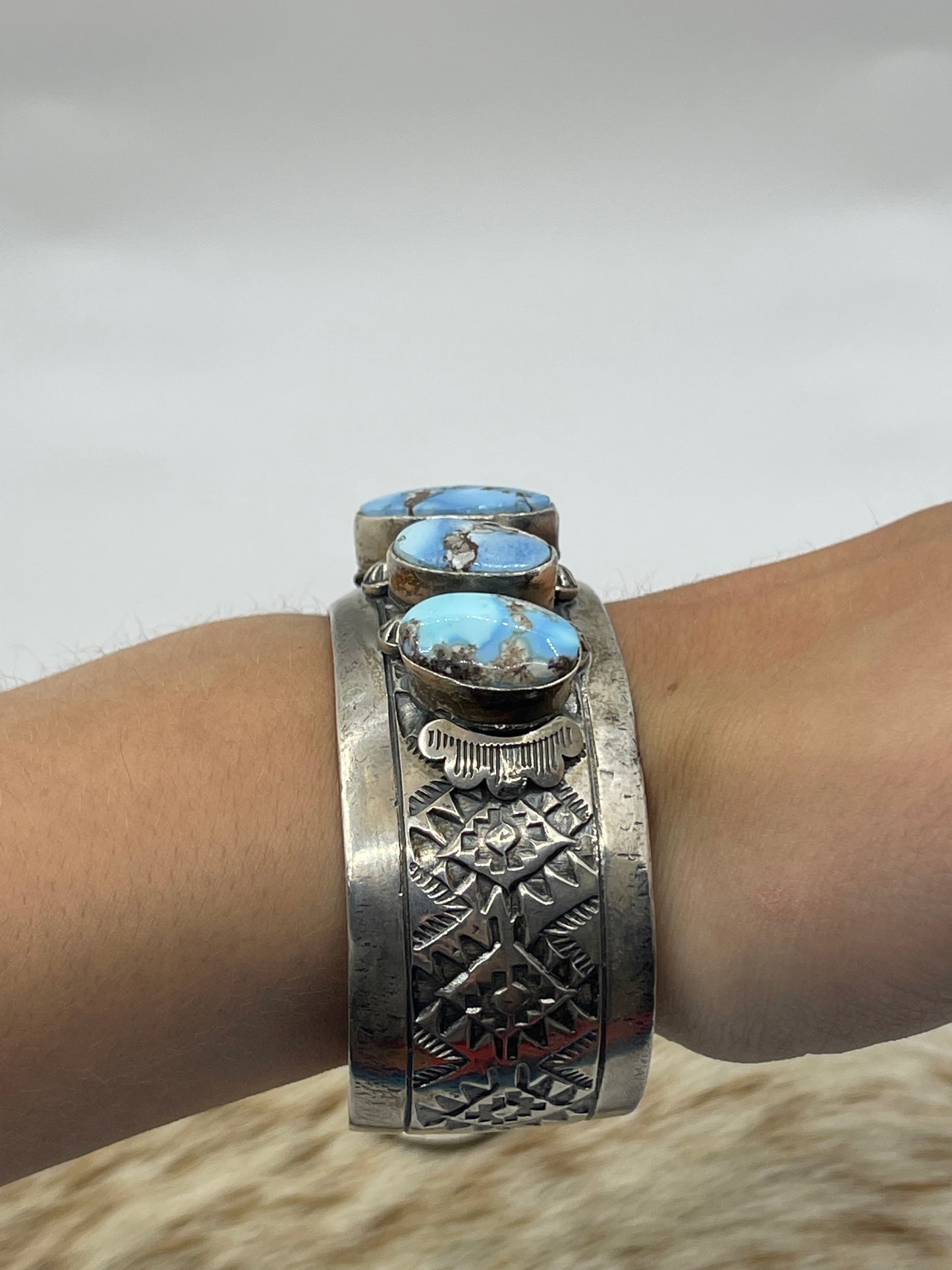 6 1/2"-6 3/4" 5 stone Golden Hills Turquoise Cuff by Boyd Ashley, Navajo
