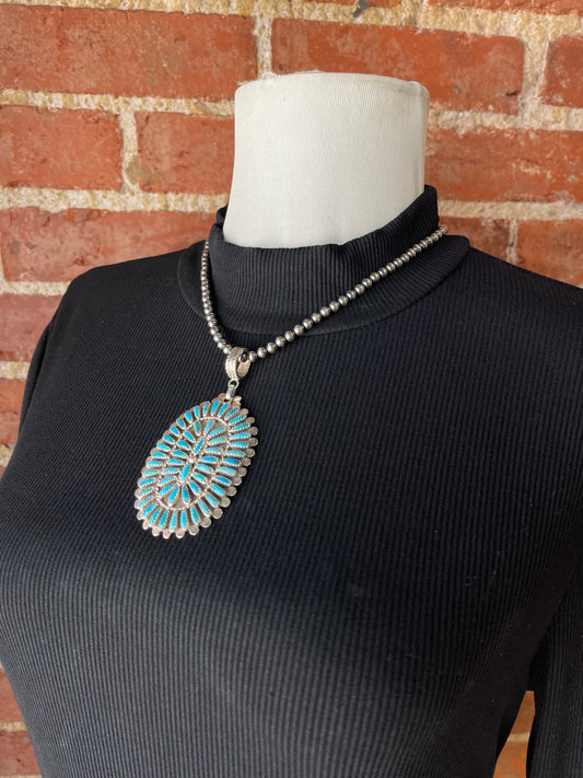 LOT 11 1/4 18" 5mm Navajo Pearls with a Turquoise Cluster Pendant by Louise ByJoe, Navajo