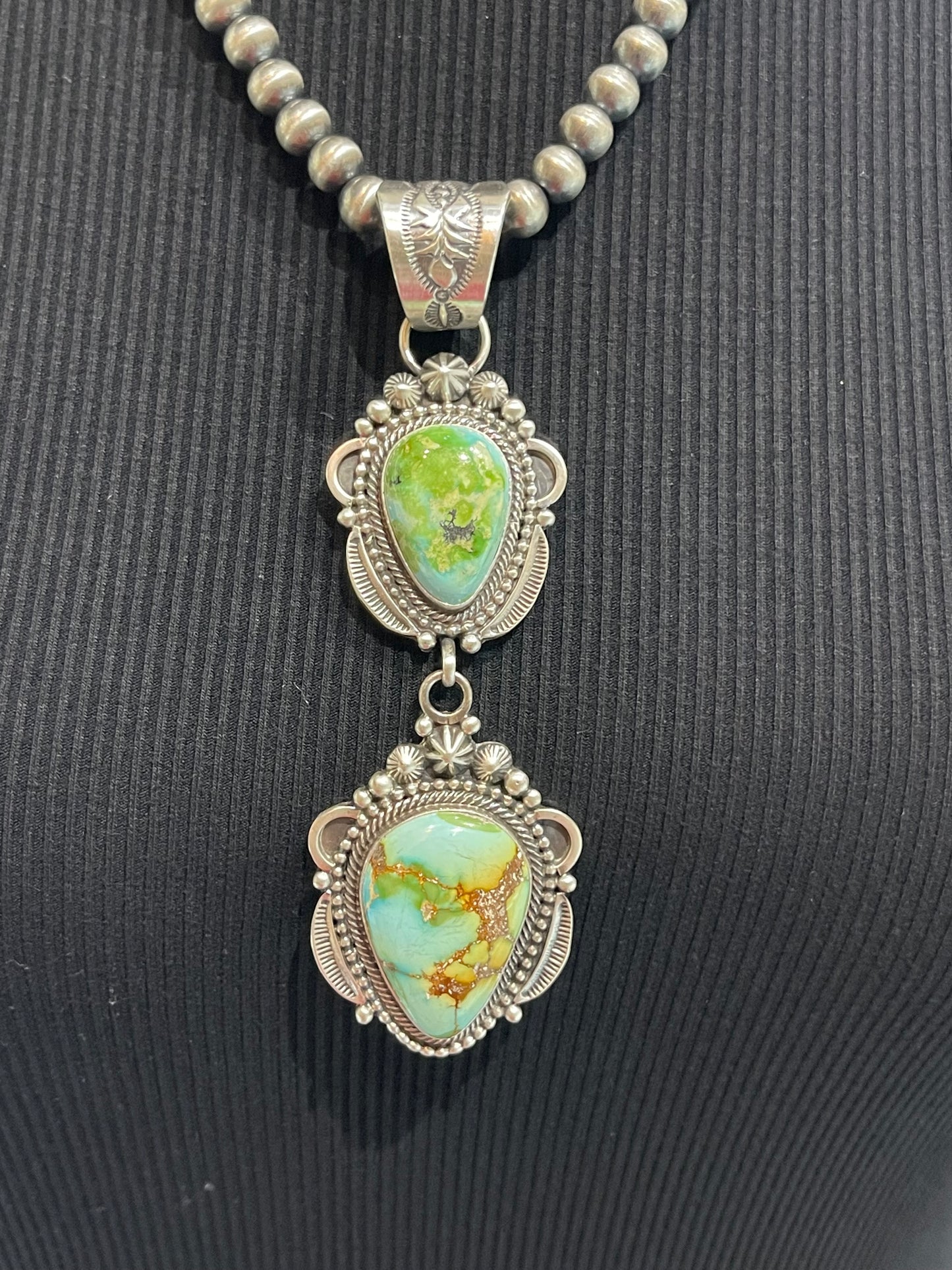 Sonoran Gold Turquoise 2 Stone Pendant on 7mm 20" Pearls by Tom Lewis, Navajo