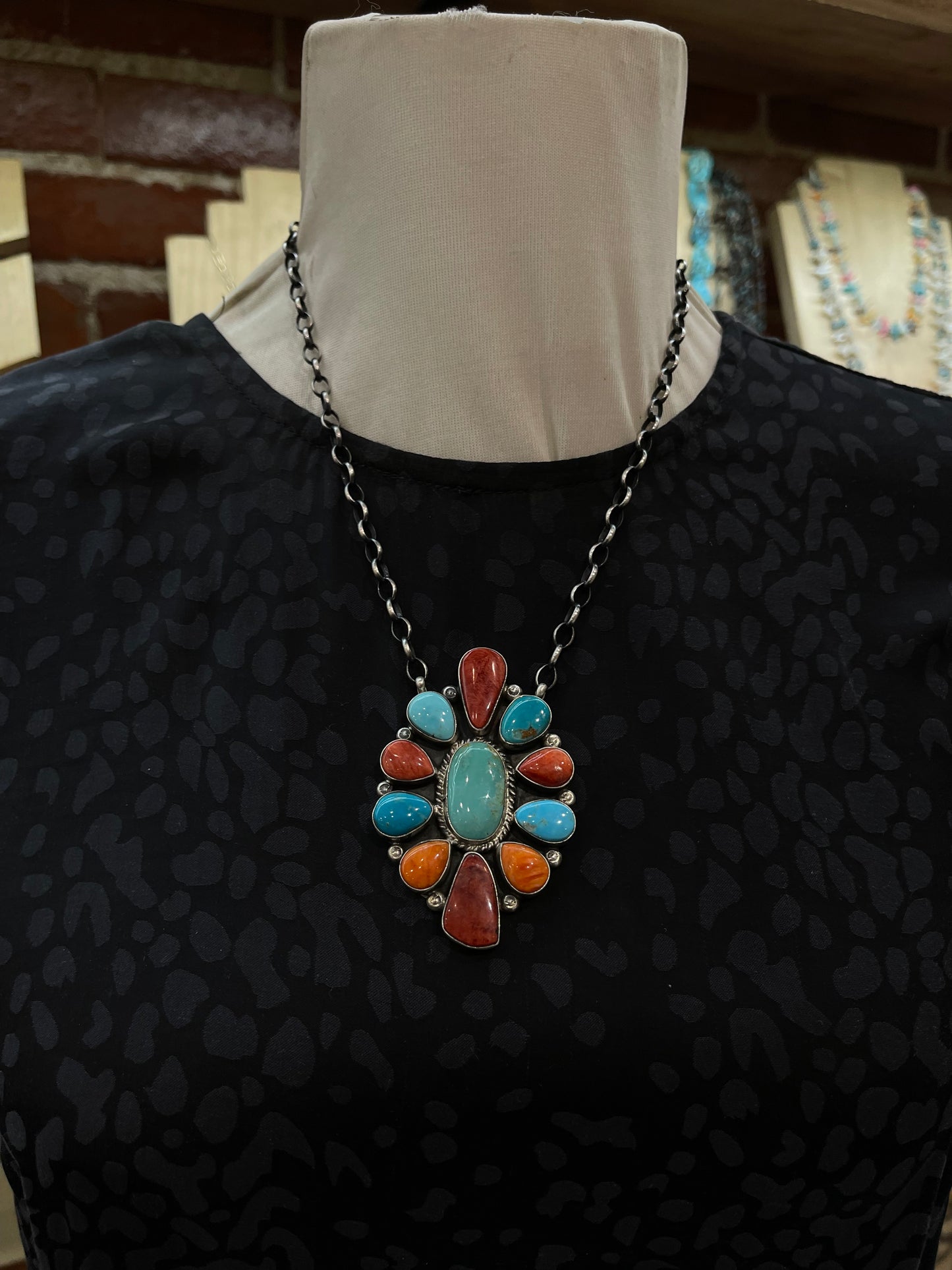 18" Turquoise and Spiny Oyster Shell Cluster Necklace by Elouise Kee, Navajo