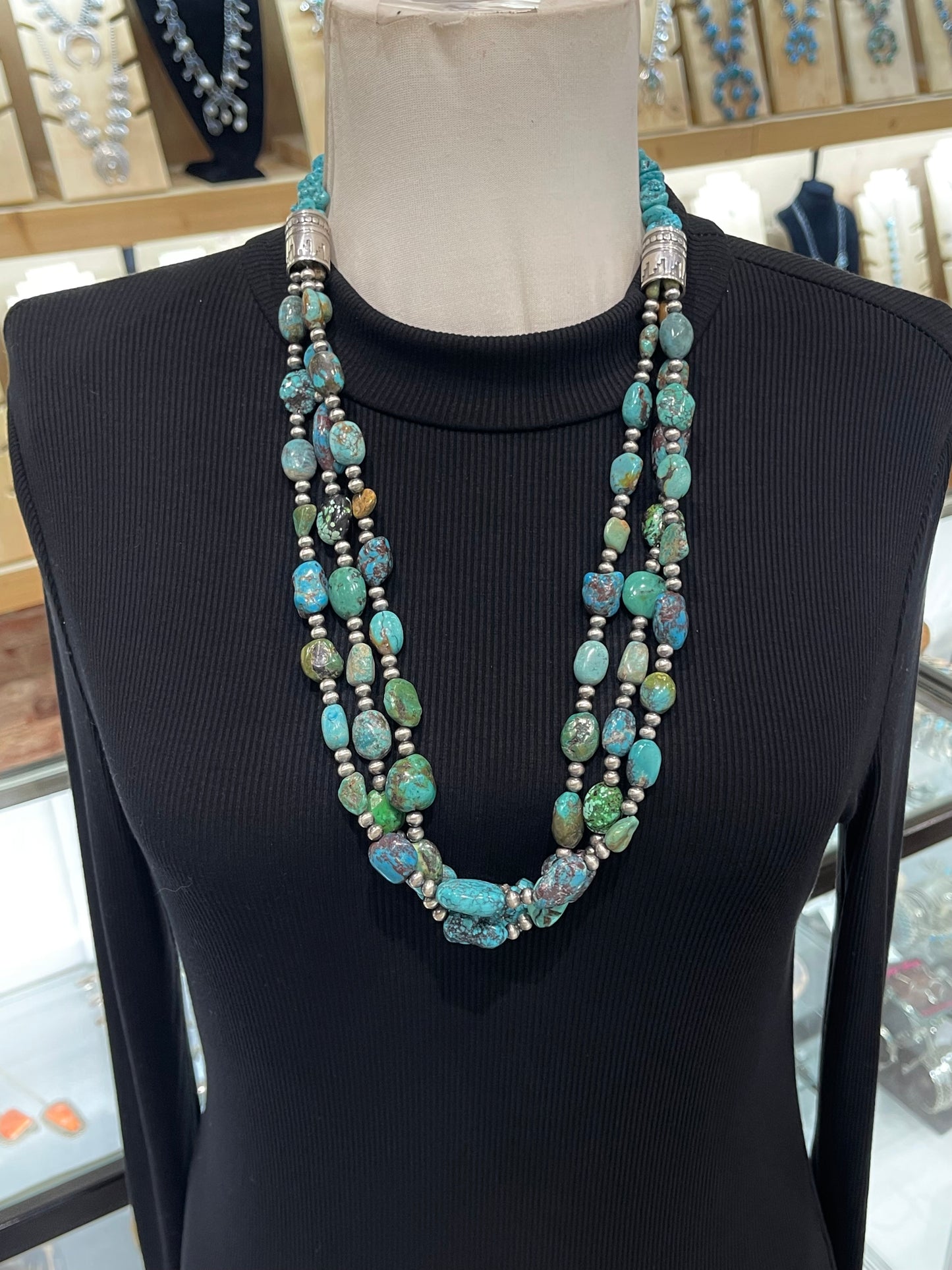 28" Navajo Style Pearls & Turquoise 3 Strand Necklace