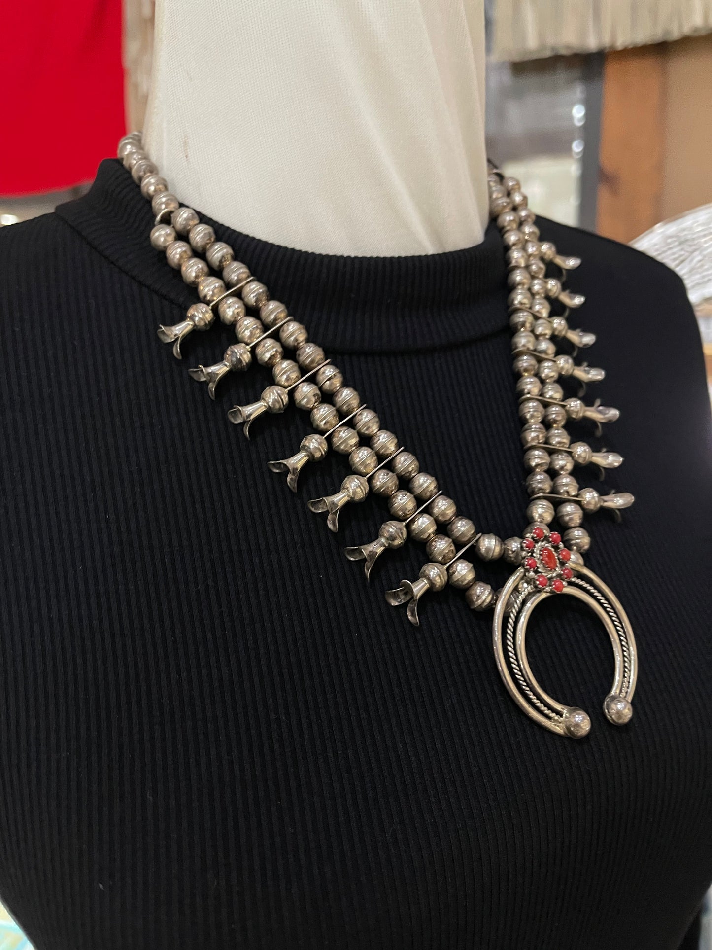 20" Red Coral Cluster Squash Blossom Necklace by Nate Curly, Navajo