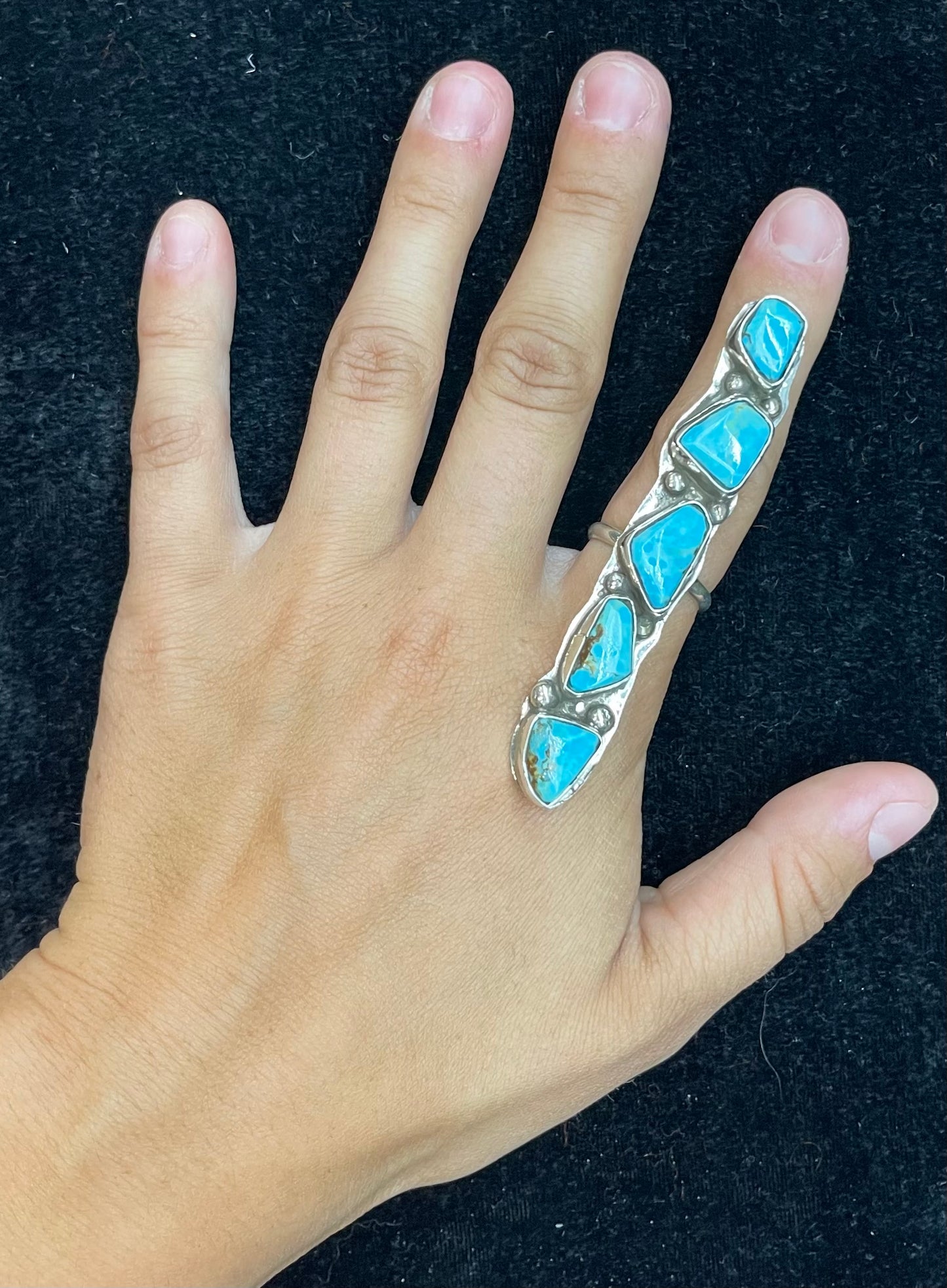 LOT 32 B 11/17 Long Kingman Turquoise Adjustable Ring by Jude Candelaria, Zuni