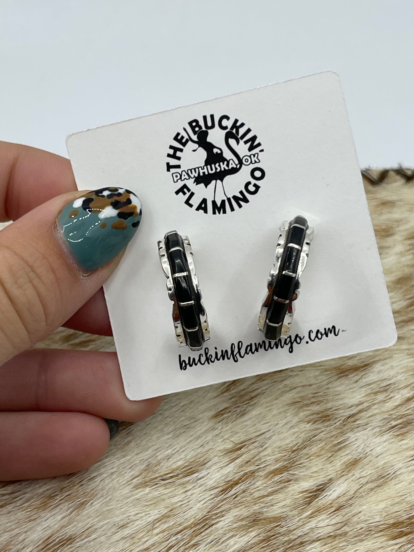 Black Onyx Post Hoop Earrings by Sheldon Lalio, Zuni