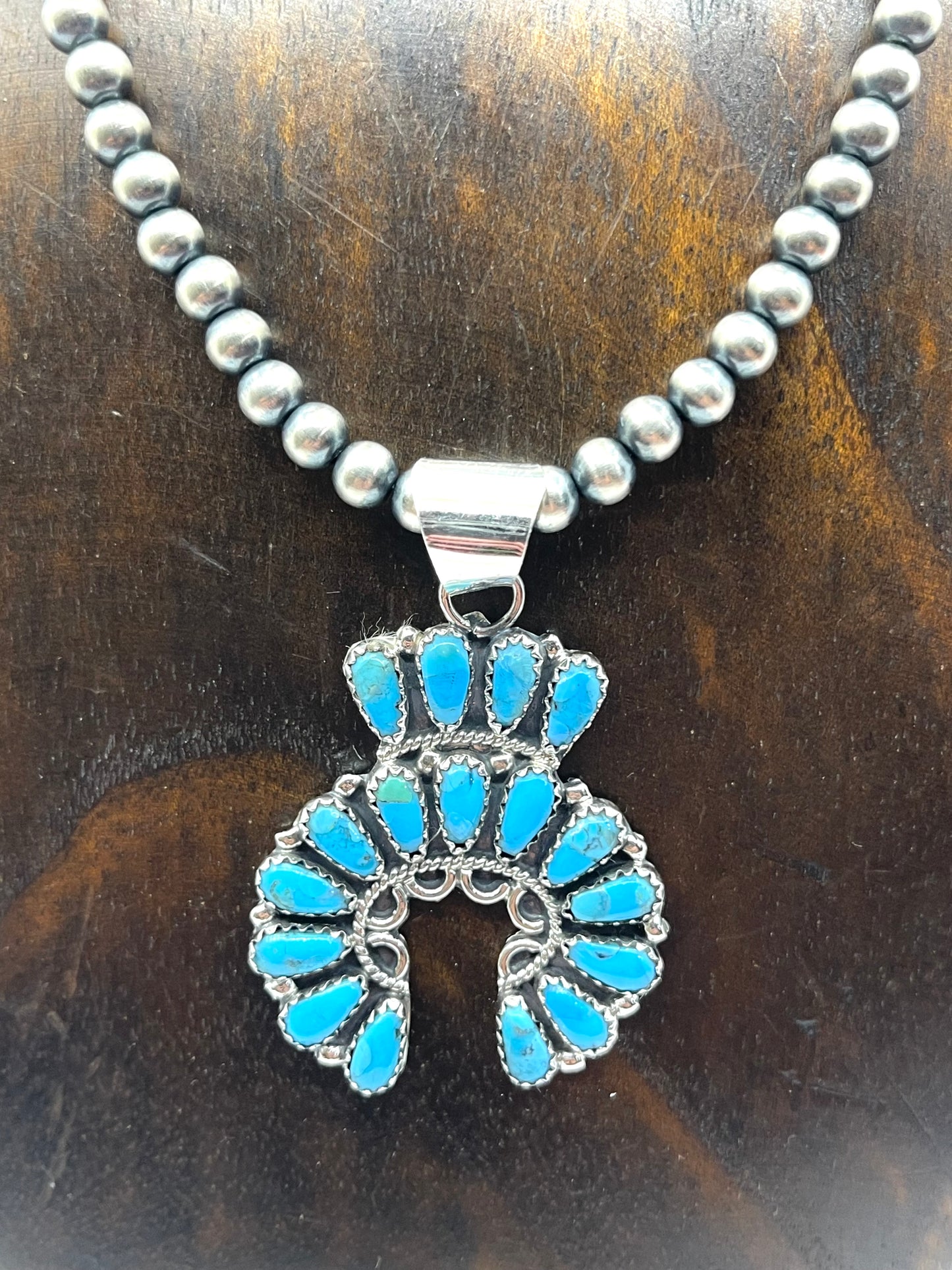 16" 5mm Navajo Style Pearls Turquoise Naja Pendant by Zeita Begay, Navajo