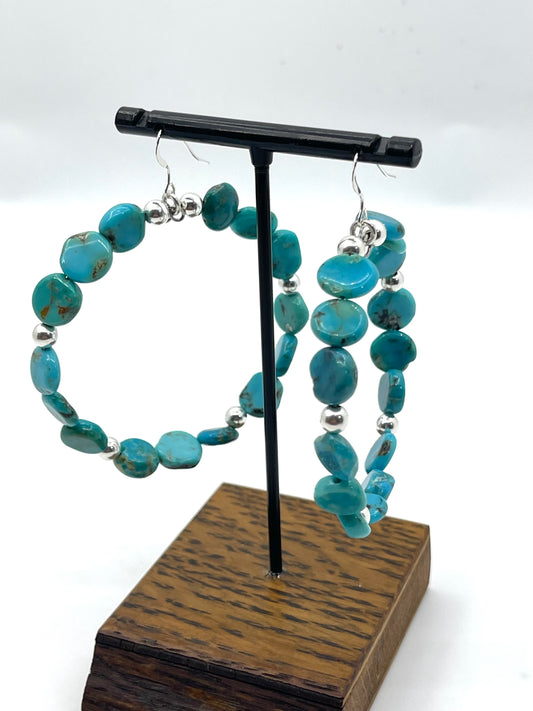 Turquoise Cylinder Bead w/ Silver Bead Hoop Hook Earrings