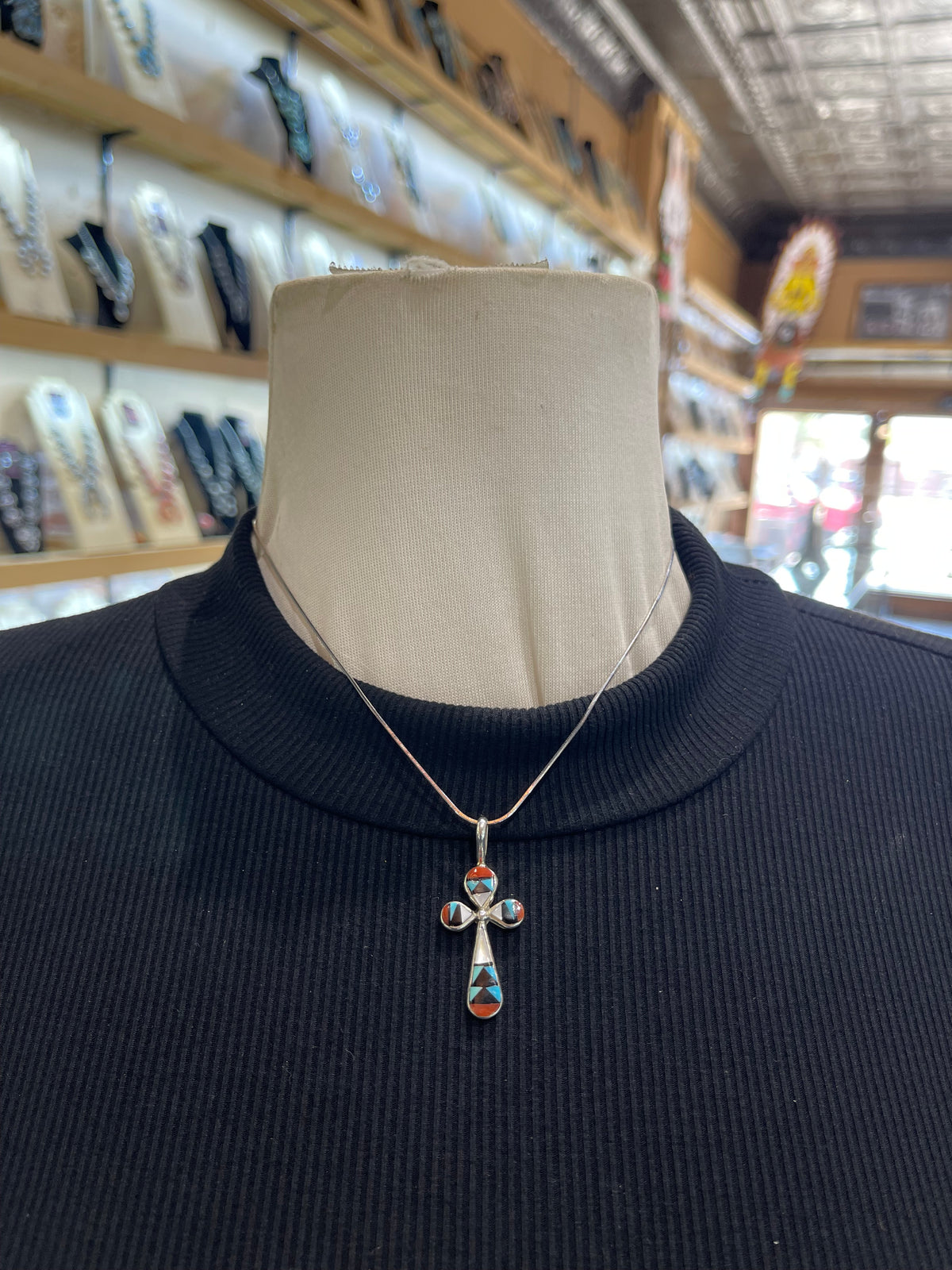 Inlay Cross Pendant 16" Necklace by Zuni