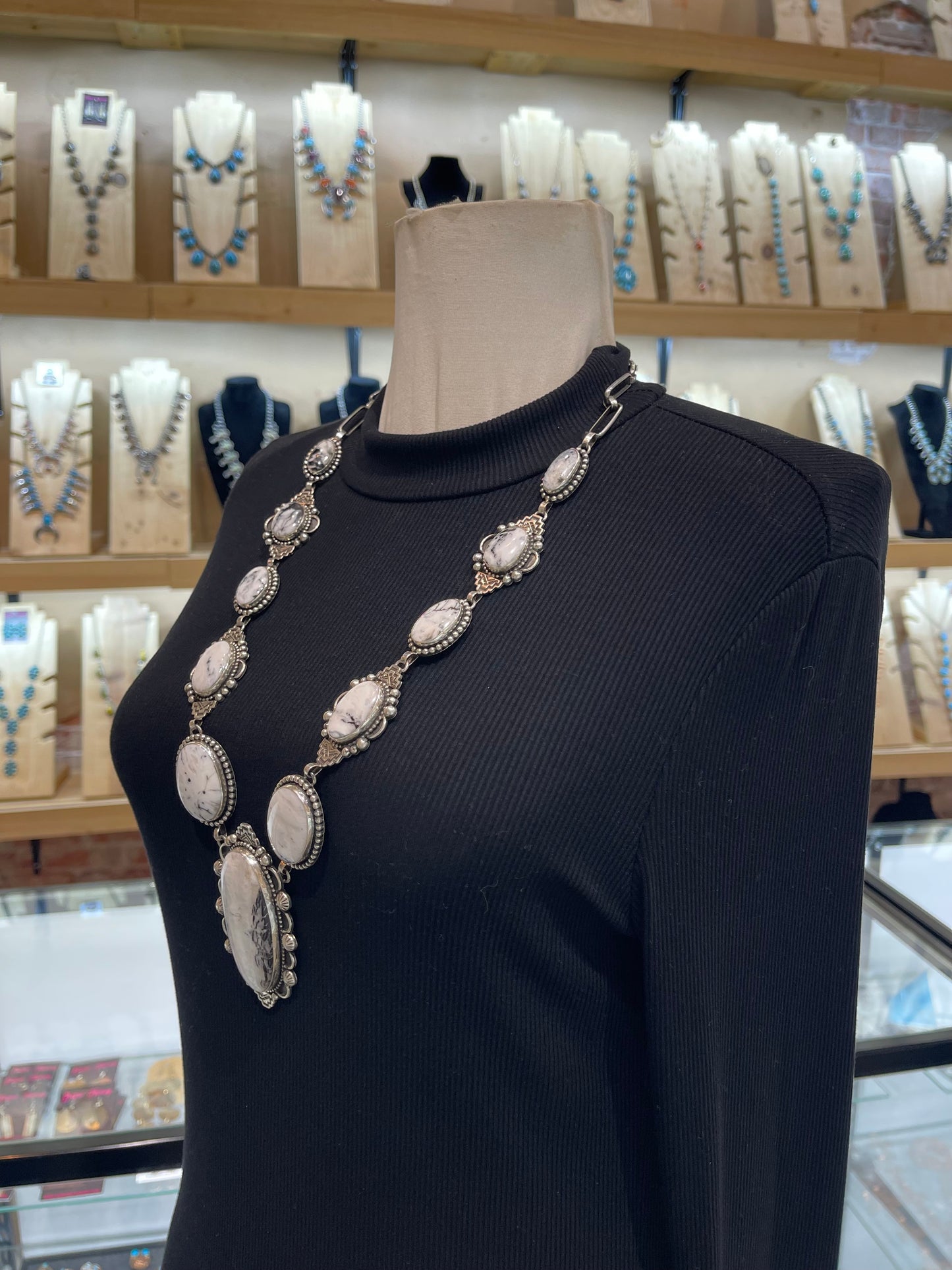 30" White Buffalo Necklace & Earring Set by Mary Ellen Pease, Navajo