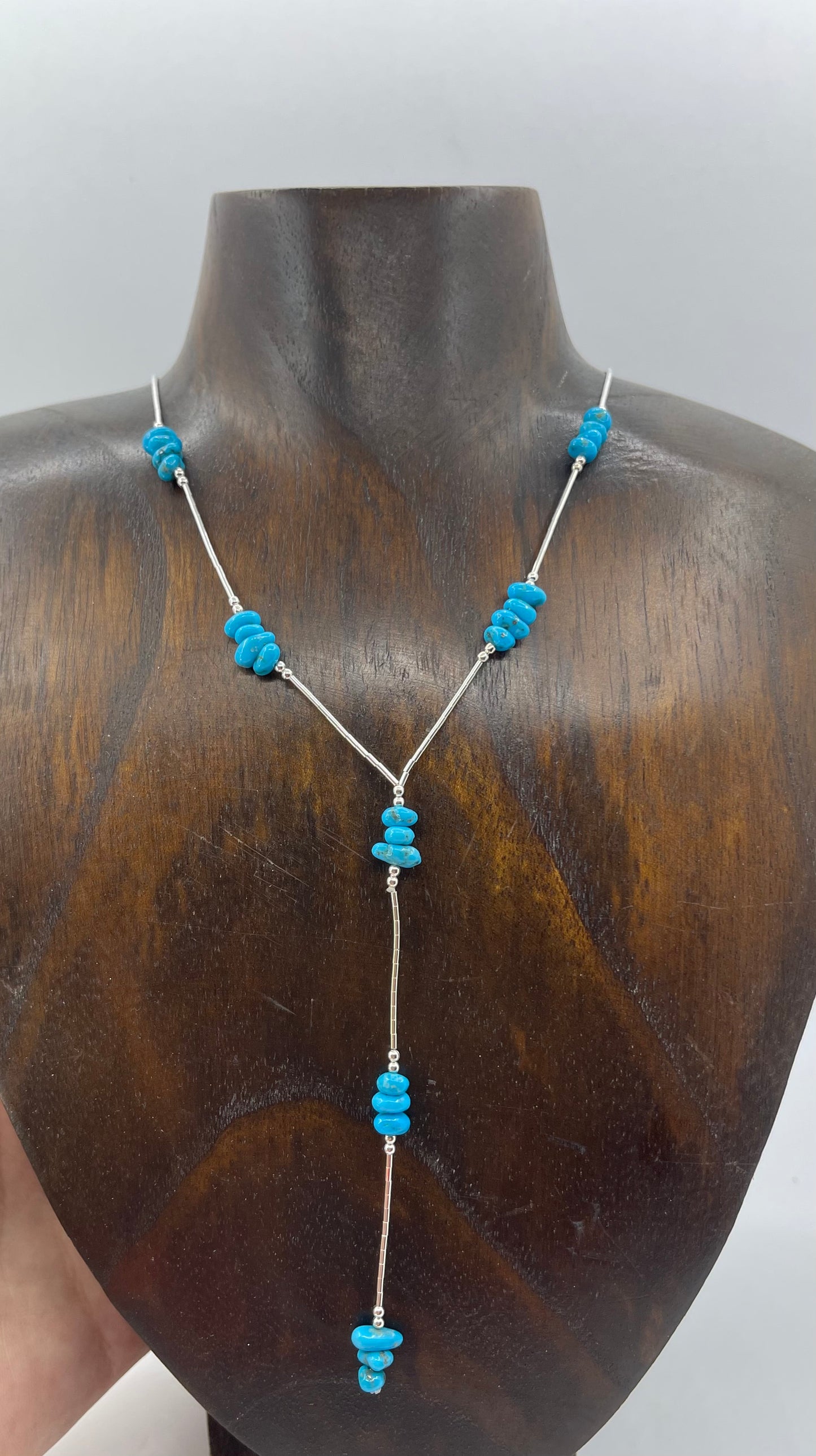 18"+3 1/2" Sleeping Beauty Turquoise Nugget on Liquid Silver Lariat Necklace