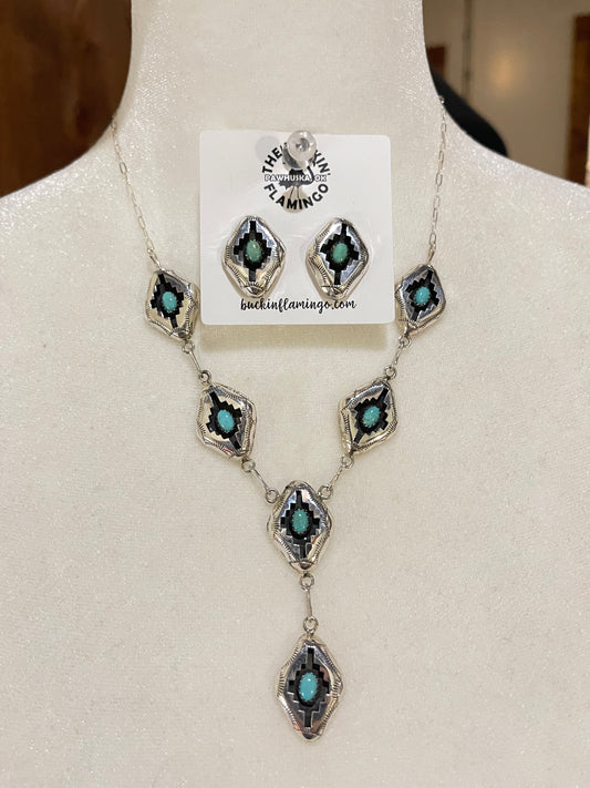 16" Turquoise Shadowbox Lariat Necklace and Post Earrings Set by Felix Perry, Navajo