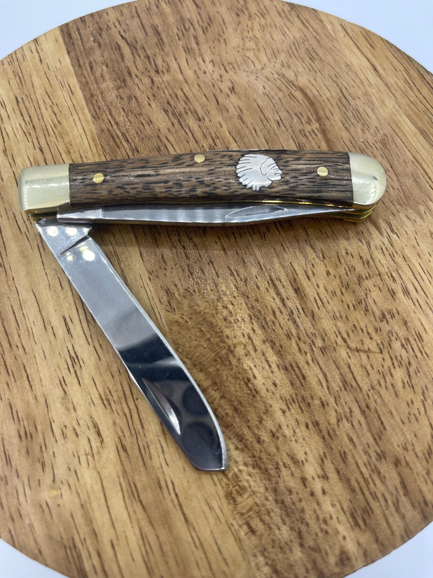 Wood Handle With Silver Inlay Trapper Style Knife