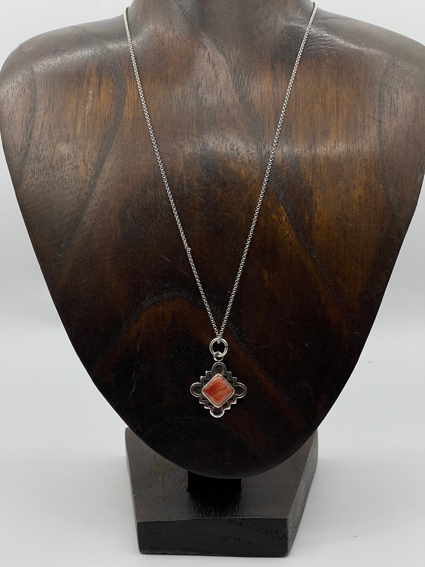 18" Orange Spiny Oyster Shell Pendant Necklace by Greggory Chee, Navajo
