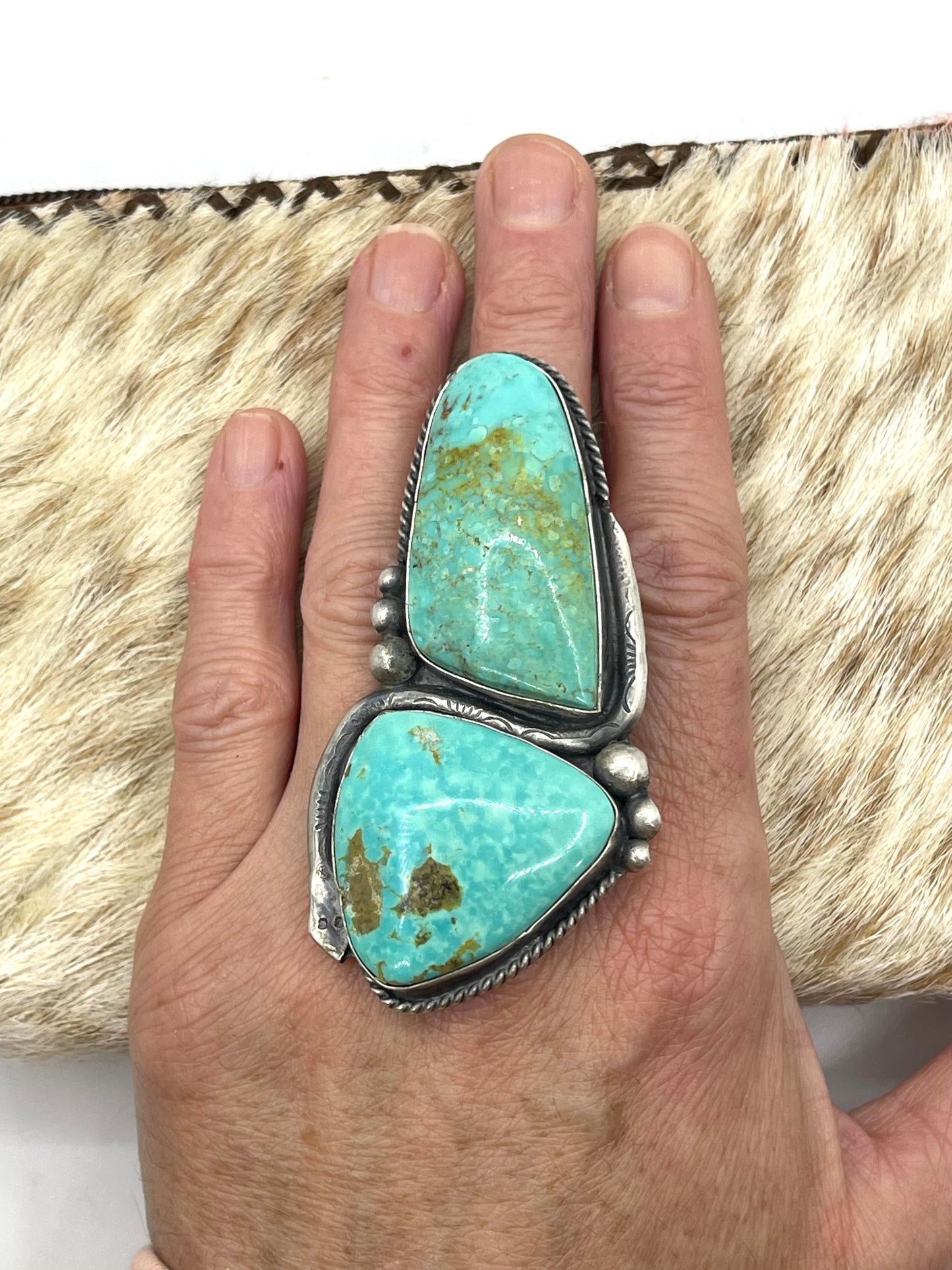Two Stone Emerald Valley Turquoise 9.0 - 10.0 Adjustable Ring by Boyd J. Ashley, Navajo