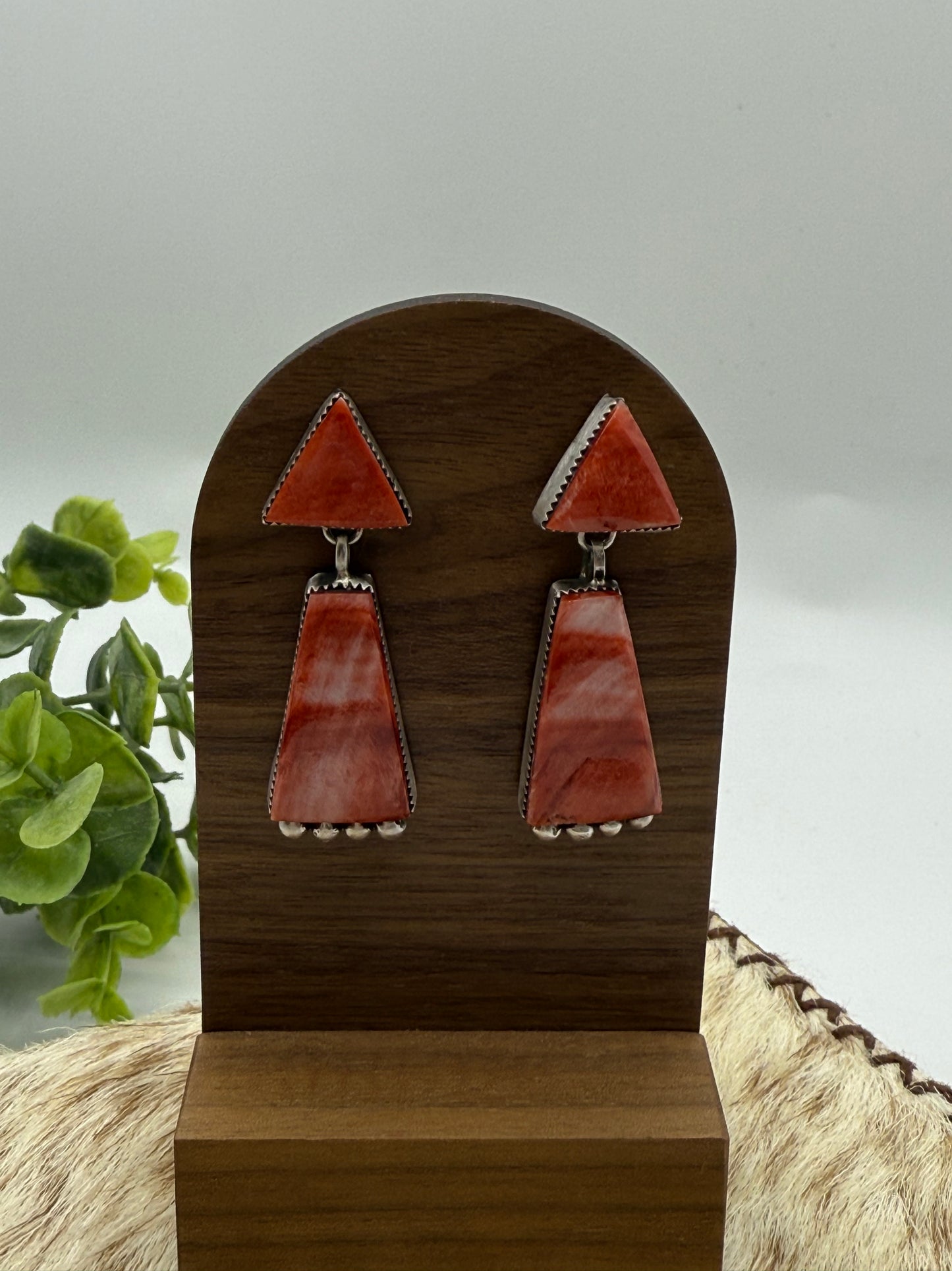 Red Spiny Oyster 2 Stone Dangle Earrings by Selina Warner, Navajo
