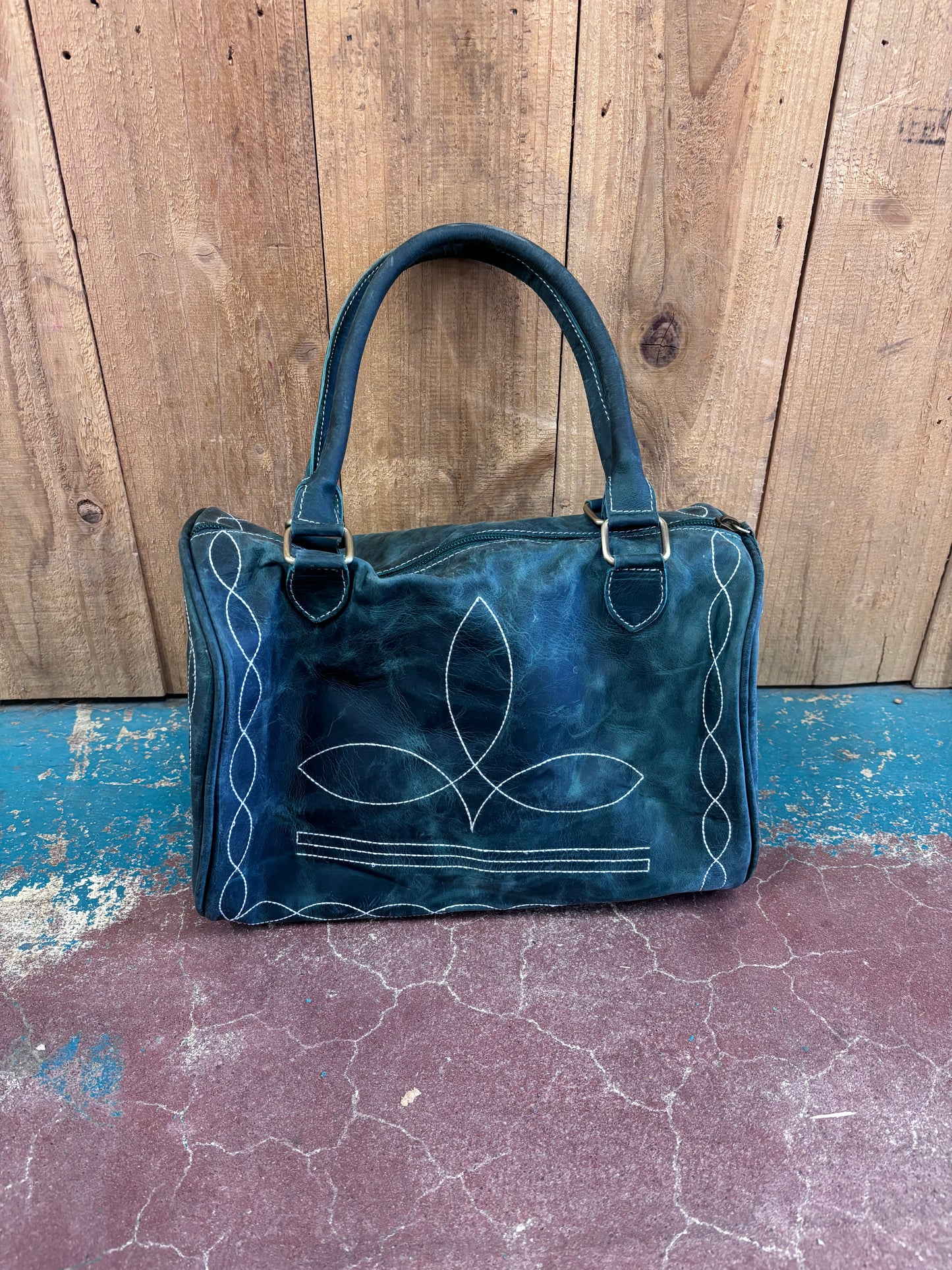 Green Leather Boot Stitch Overnight Speedy Bag Purse (Version 1)