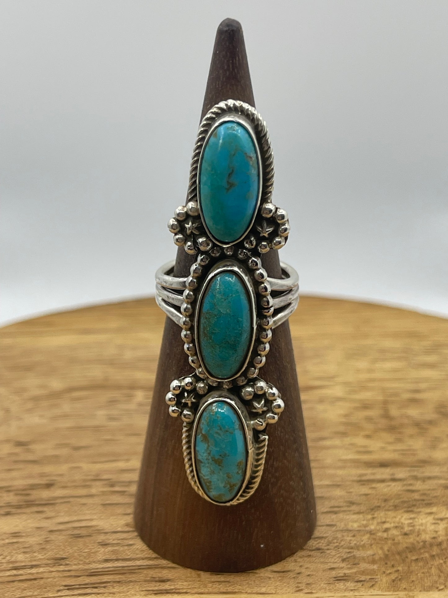 7.0 3 Stone Turquoise Ring by Harold Becenti, Navajo