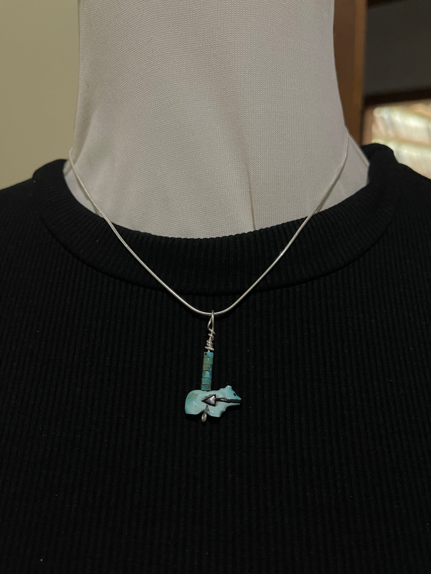 16" Black Onyx and Turquoise Bear Necklace by Pansy Natachu, Zuni