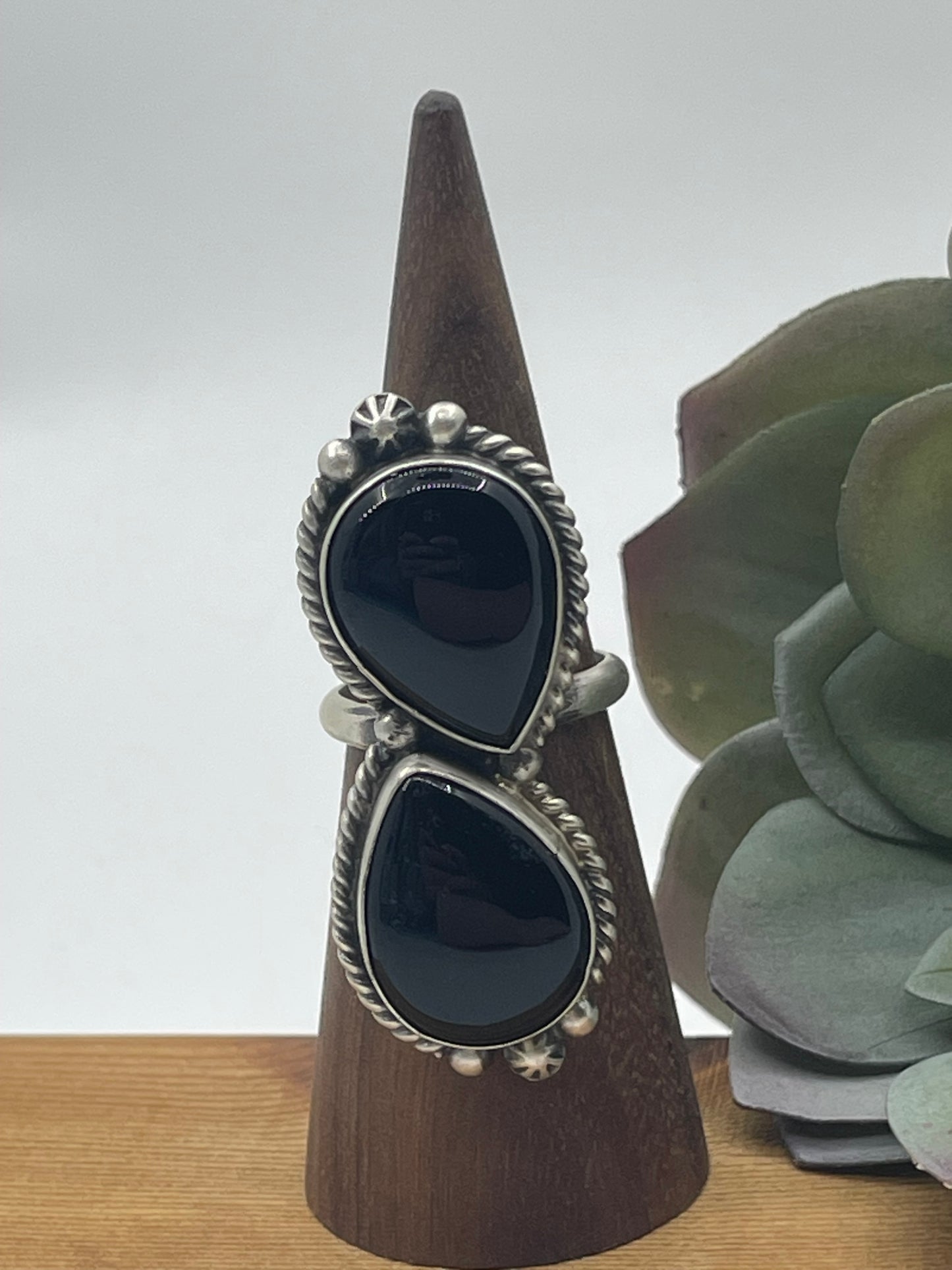 Adjustable 2 Stone Black Onyx Ring by Eugene Belone, Navajo