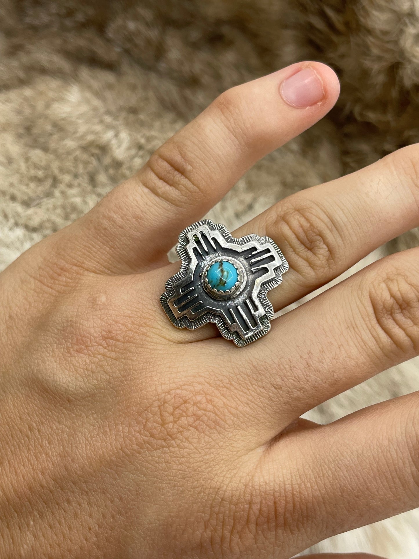 5.0 Zia Symbol with Turquoise Ring by Letricia Largo, Navajo
