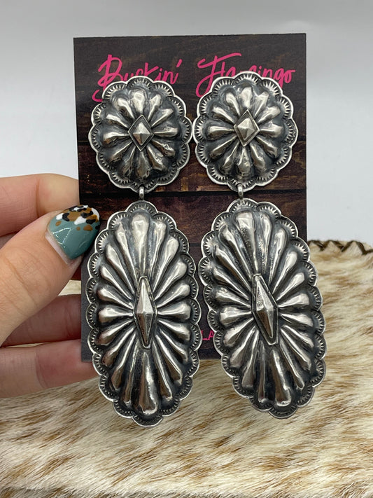 Double Concho Post Dangle Earrings by Rita Lee, Navajo
