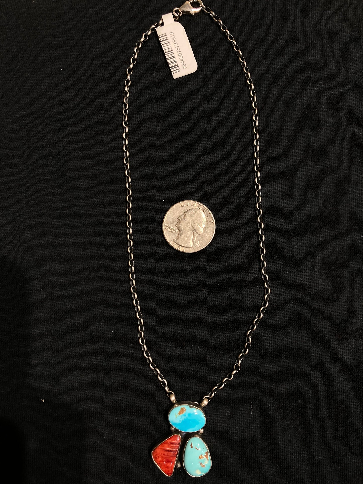 16" Red Spiny Oyster Shell and Kingman Turquoise Necklace by Donovan Skeets, Navajo