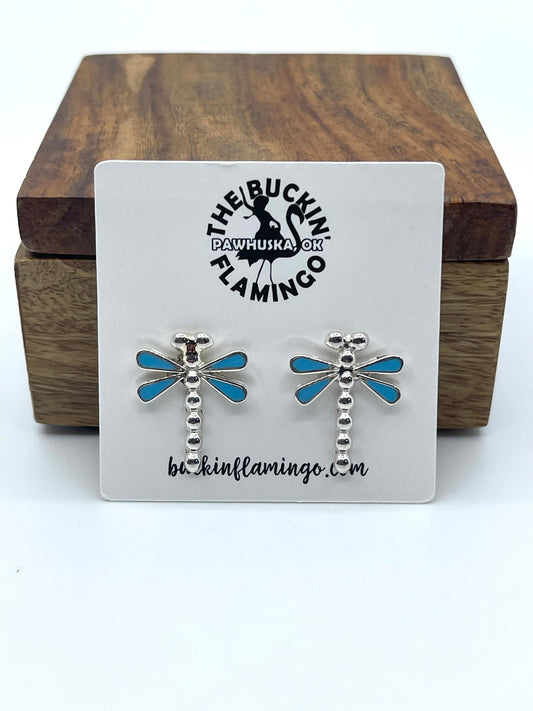 Dragonfly Post Earrings with Turquoise by Erlene Edaakie, Zuni