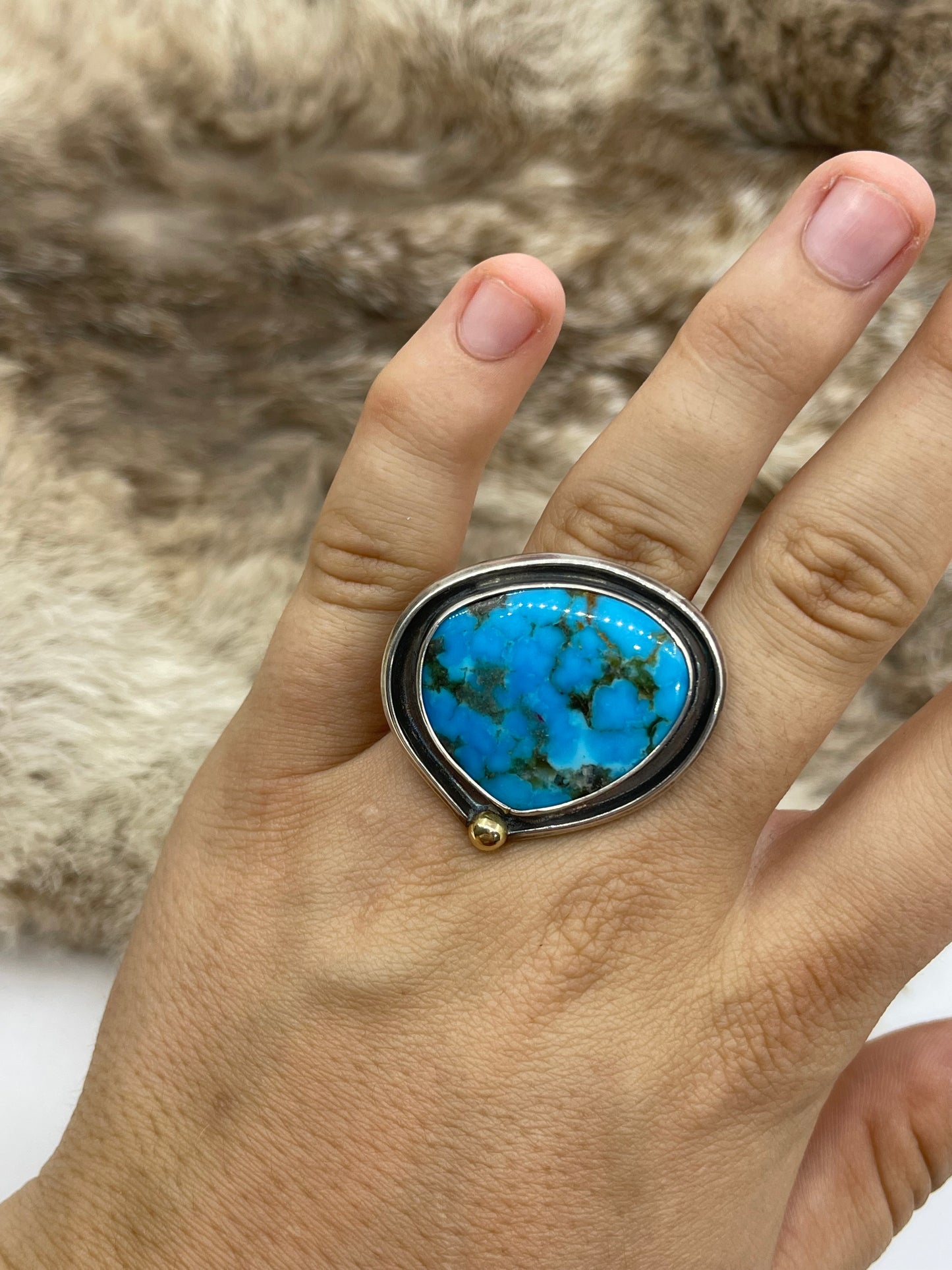 Bad Bronc Adjustable (Up To 10.0) Ring with Arizona Turquoise & 14k Gold Ball by Bad Bronc