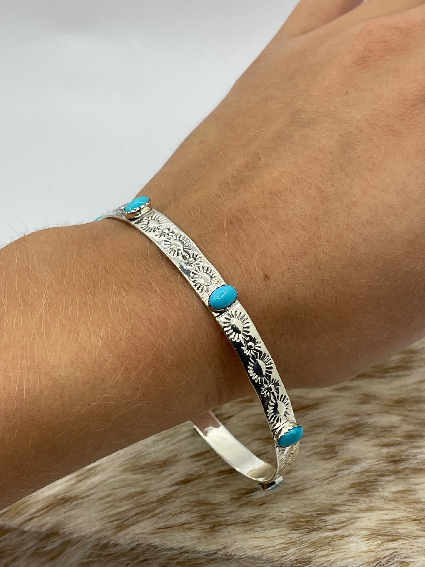 8 1/2" Turquoise Stamped Bangle by Phyllis Smith, Navajo