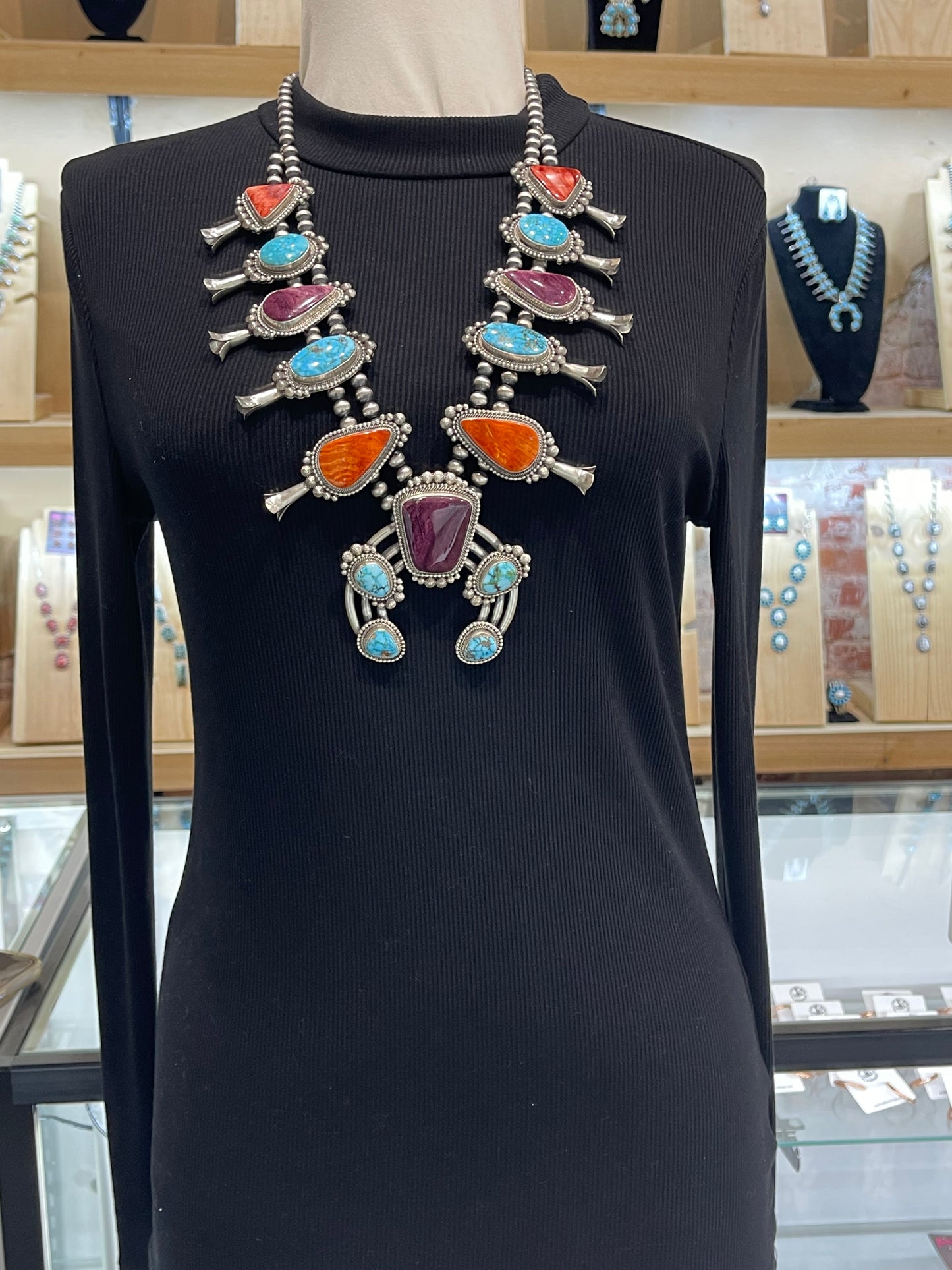 28" Multi Stone Squash Blossom Necklace by Tom Lewis, Navajo