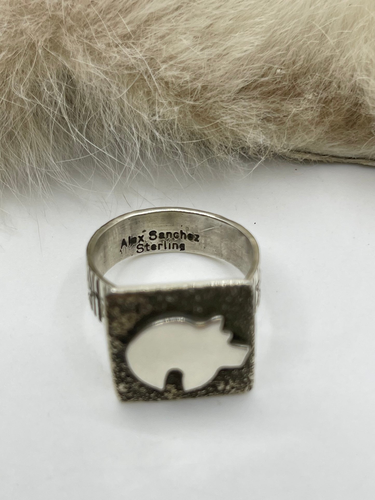 Adjustable 7.0-12.0 Bear Mini Petroglyph Ring by Alex Sanchez, Navajo