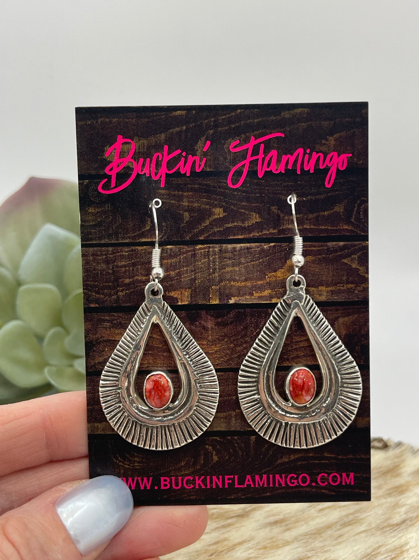 LOT 62 B 1/4 Stamped Teardrop Earrings with Red Spiny Oyster