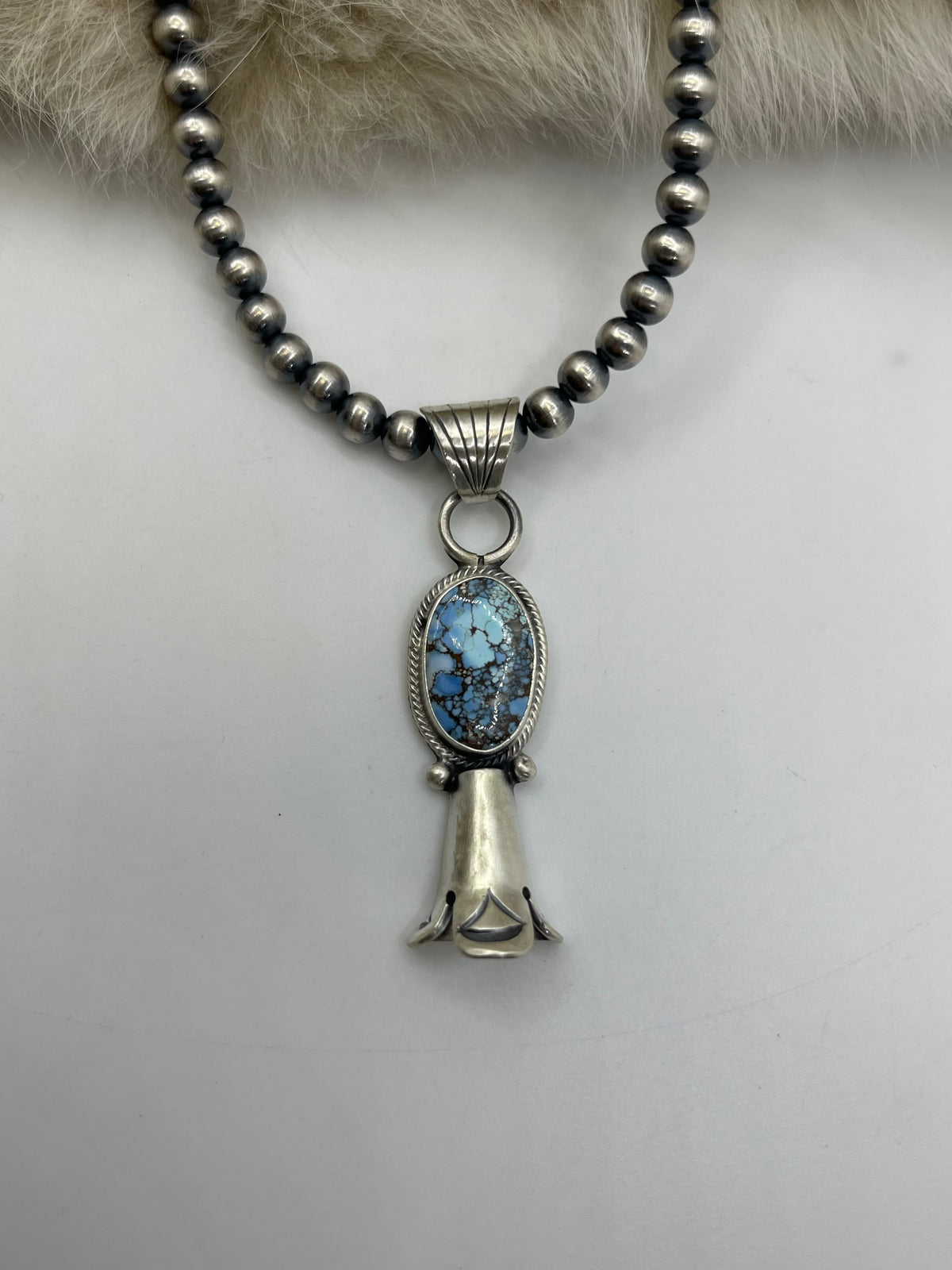 16" 5mm Navajo Style Pearls Golden Hills Turquoise Blossom Pendant by Sharon McCarthy, Navajo
