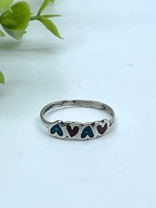 9.0 Red Coral & Turquoise Chip Inlay Heart Ring