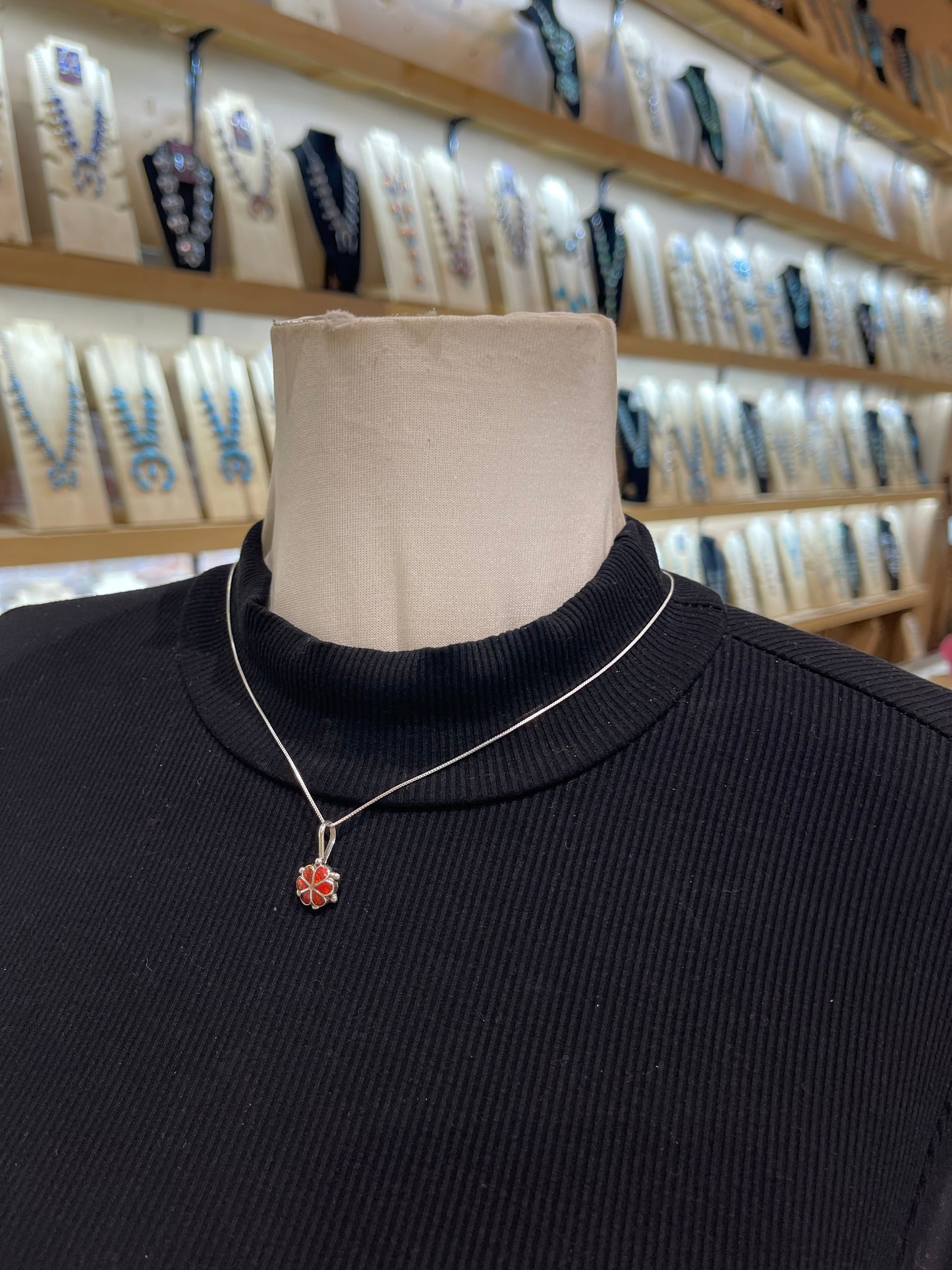 18" Chain with Dark Orange Opal Necklace by Bernadette Lateyice, Zuni