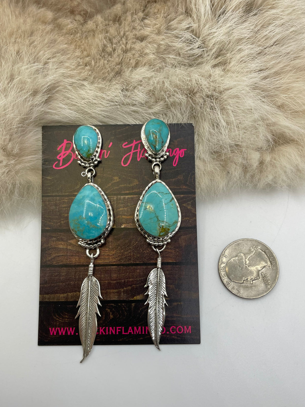 2 Stone Turquoise Dangle Earrings with Feather by Mike Smith, Navajo