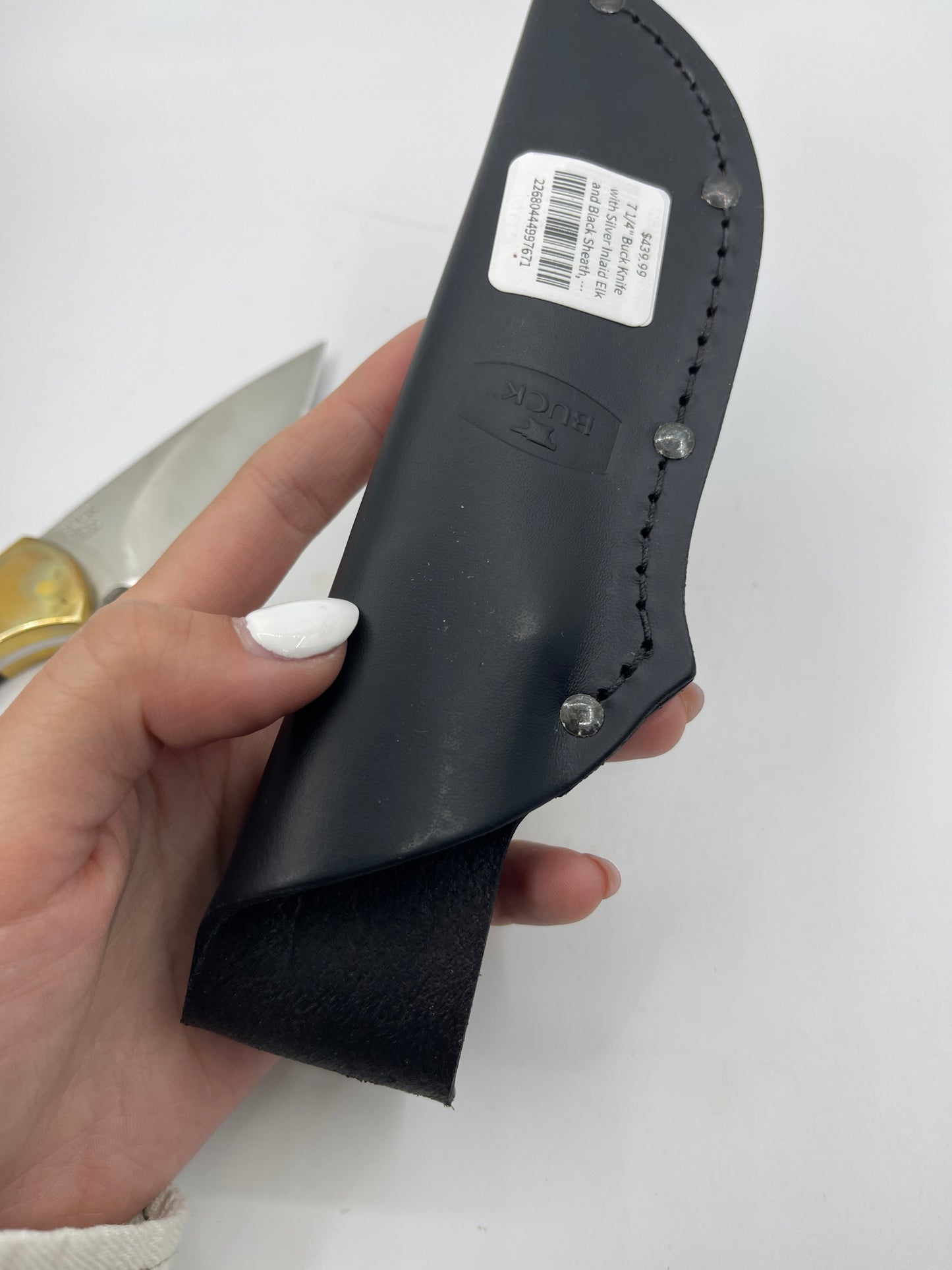 7 1/4" Buck Knife with Silver Inlaid Elk and Black Sheath, Navajo