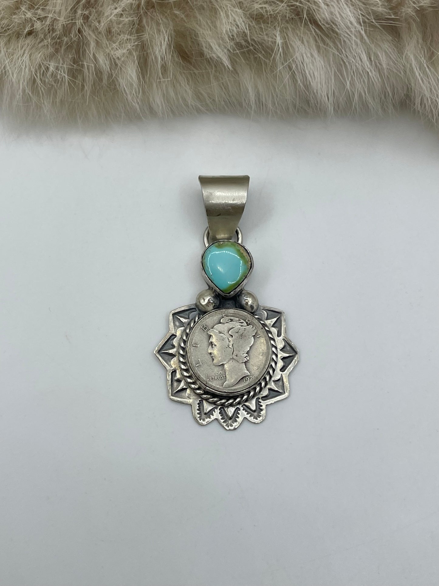 1920 Silver Mercury Dime with Sonoran Gold Turquoise by Harold Joe, Navajo