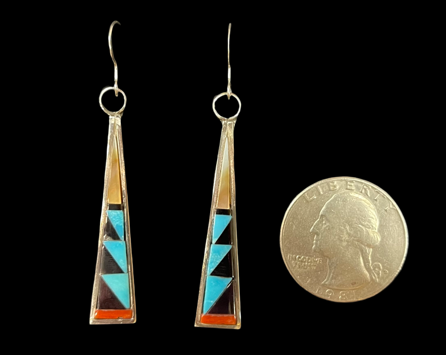 Multi-Stone Triangle Inlay Dangle Earrings by Tammie Qualo, Zuni