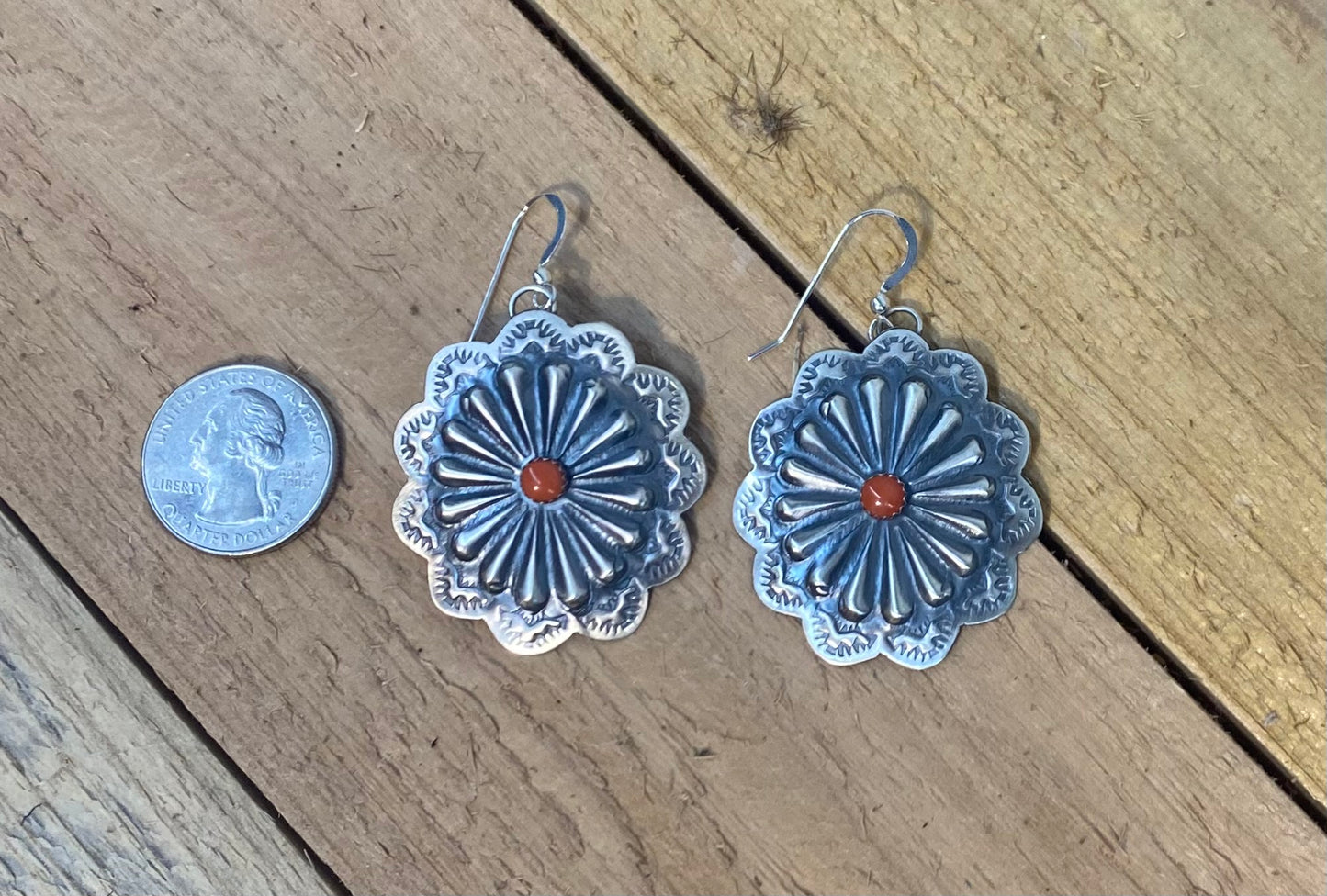 Hand Stamped Sterling Silver Concho with Coral Dangle Earrings by Rita Daye