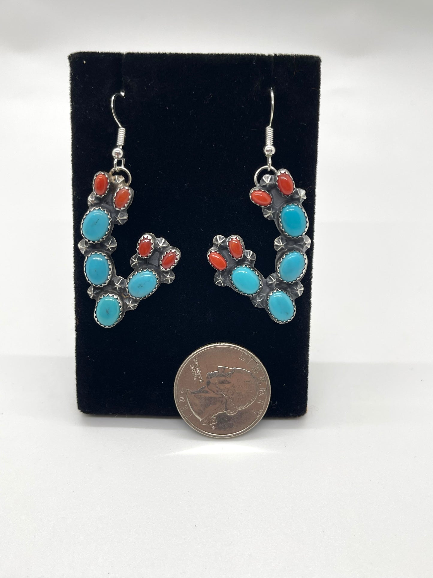 LOT 52 1/4 Prickly Pear Turquoise and Coral Cactus Earrings by Richard Yazzie, Navajo
