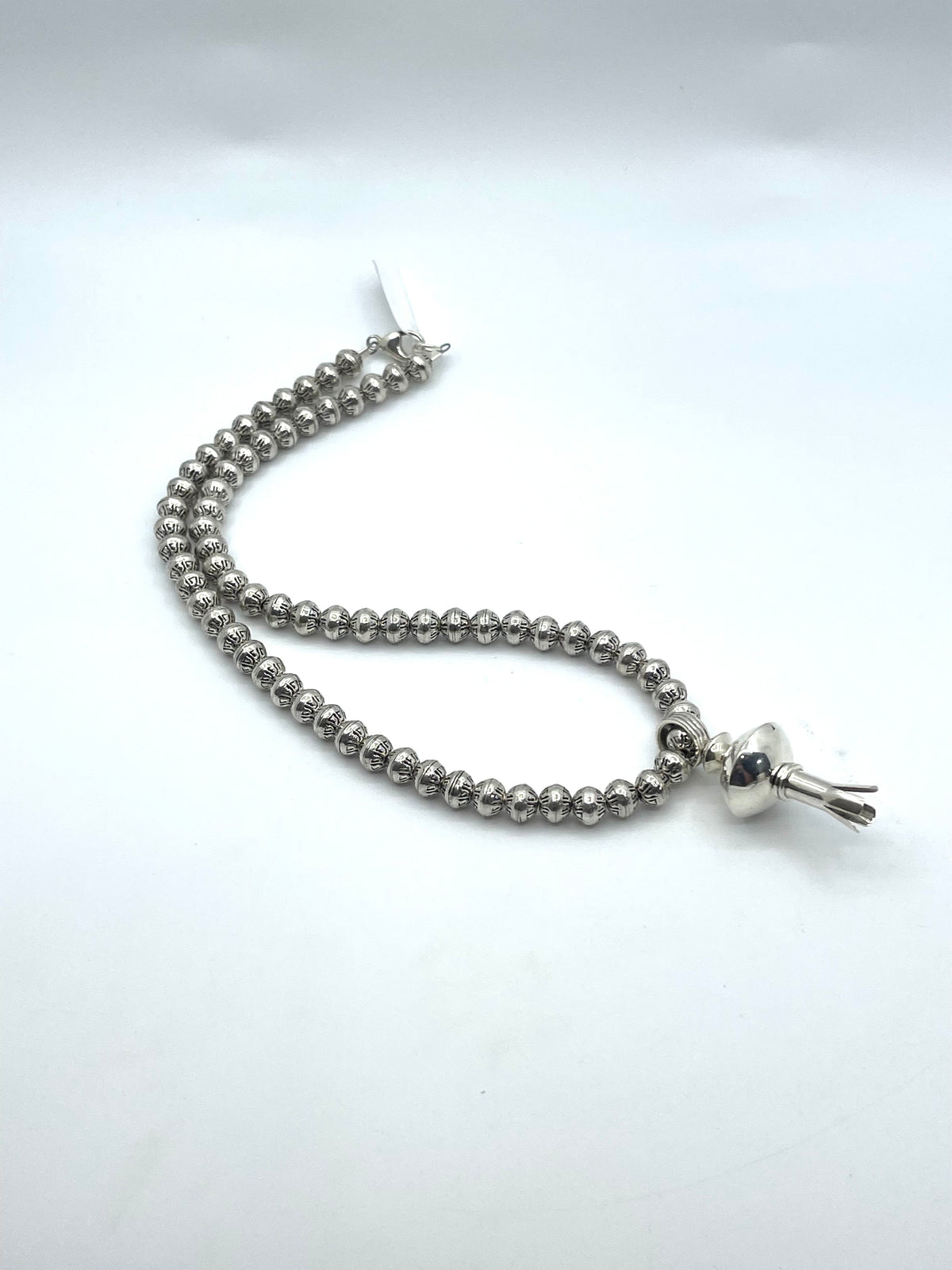 20” 8mm Machine Stamped Hand Soldered Beads with Blossom Pendant