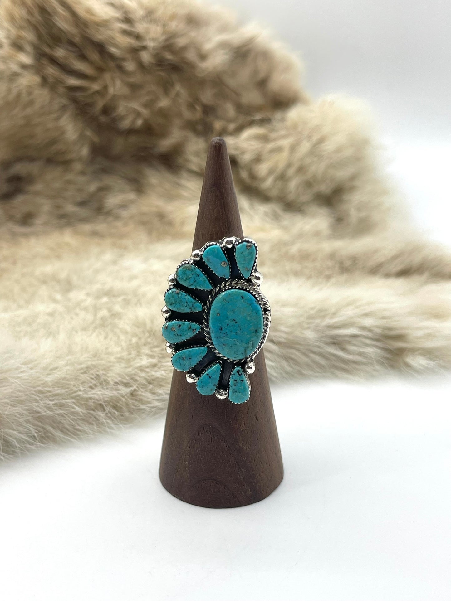 7.0 Half Cluster Turquoise Ring by Jimmy Garcia, Navajo