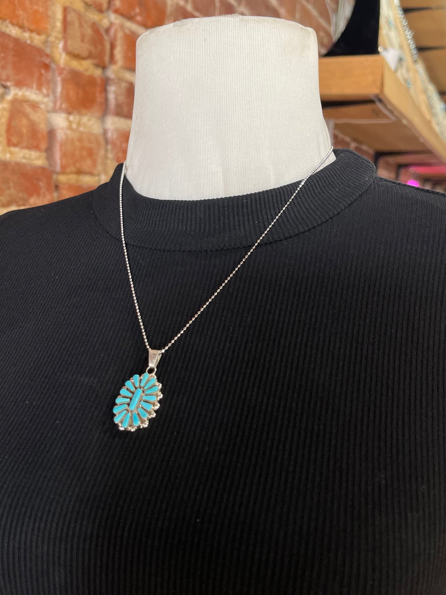 18"+3" Turquoise Needlepoint Cluster Pendant Necklace by Vera Halusewa, Zuni