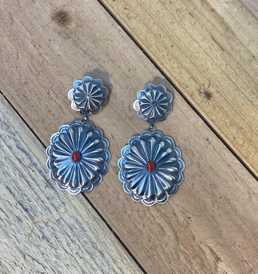Hand Stamped Sterling Silver Concho with Coral Post Dangle Earrings by Rita Daye