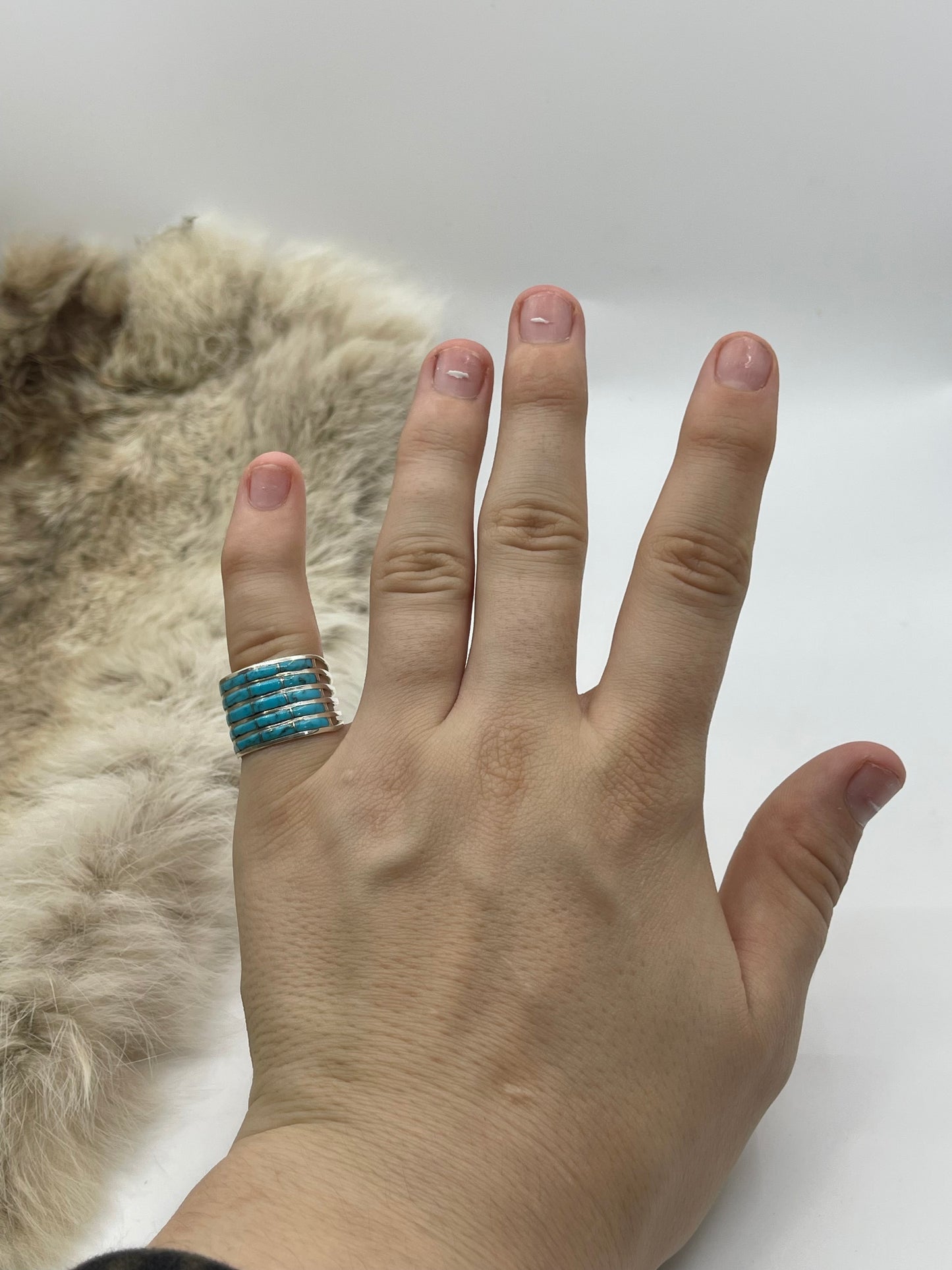 8.0 5 Row Turquoise Ring by Claresse Kyletewa, Zuni