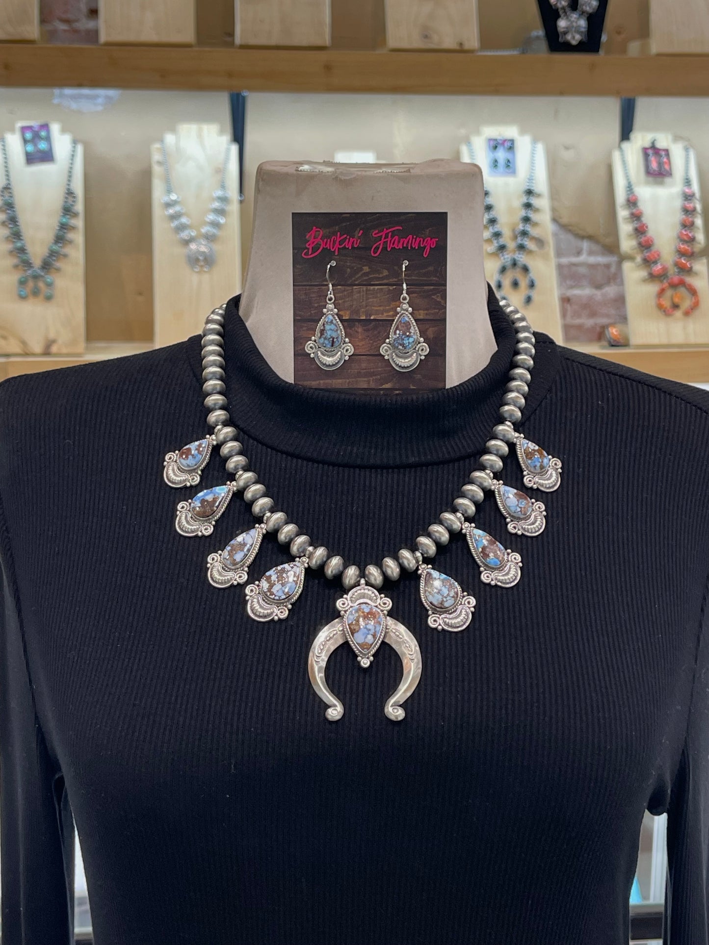 10mm Handmade Pearls Golden Hills Turquoise Squash Blossom Necklace & Earring Set by Derek Gordon, Navajo