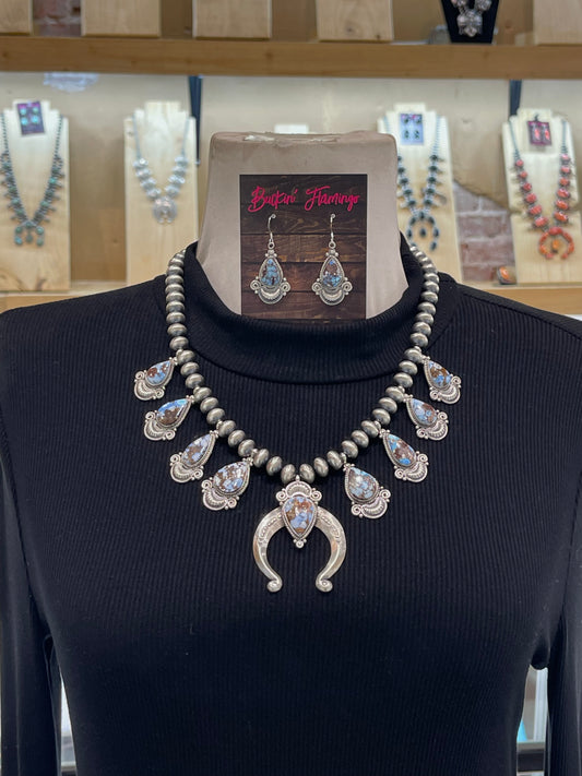10mm Handmade Pearls Golden Hills Turquoise Squash Blossom Necklace & Earring Set by Derek Gordon, Navajo