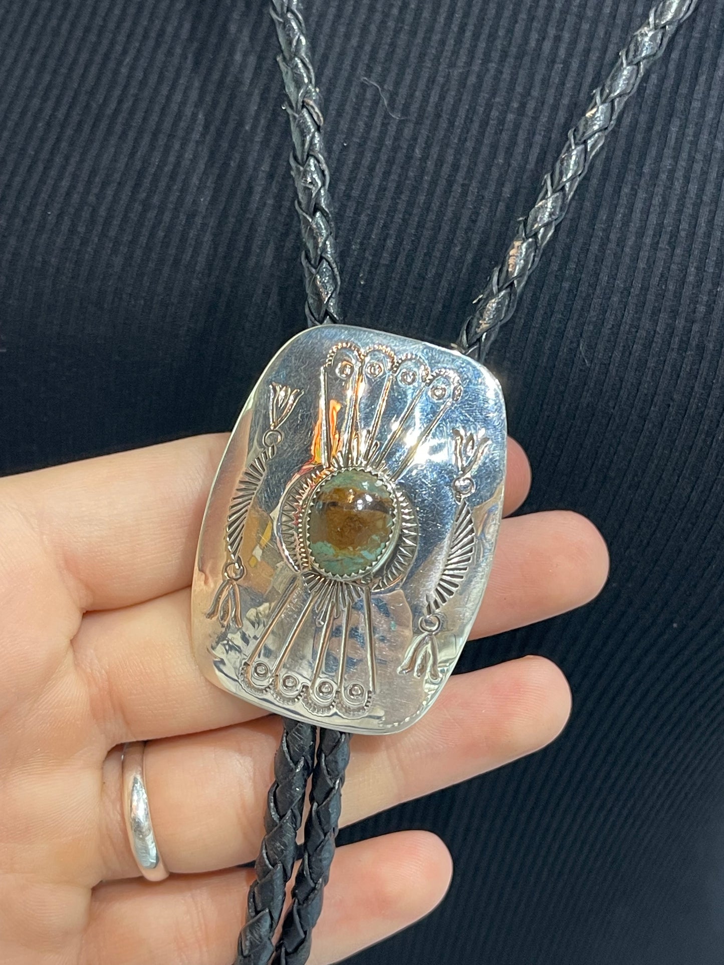 Stamped Silver Bolo Tie with Kingman Turquoise by Jolene Begay, Navajo