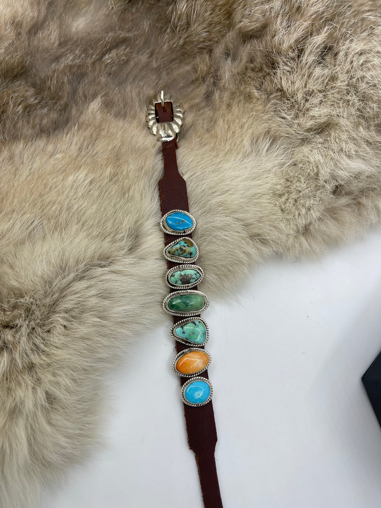 Turquoise & Orange Spiny Oyster on Leather Bracelet