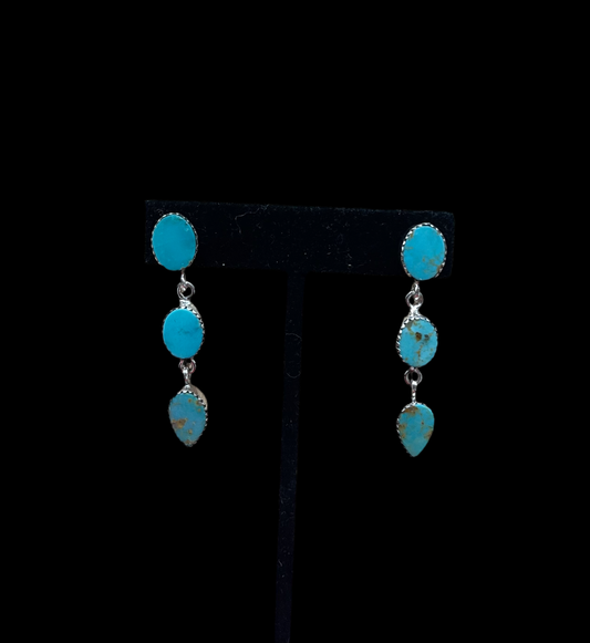 3 Stone Kingman Turquoise Post Dangle Earrings by Hada Collection